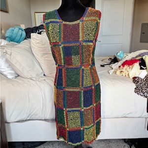 Vintage Creative Creations 1950/ Multicolor Beaded Patchwork Midi Dress